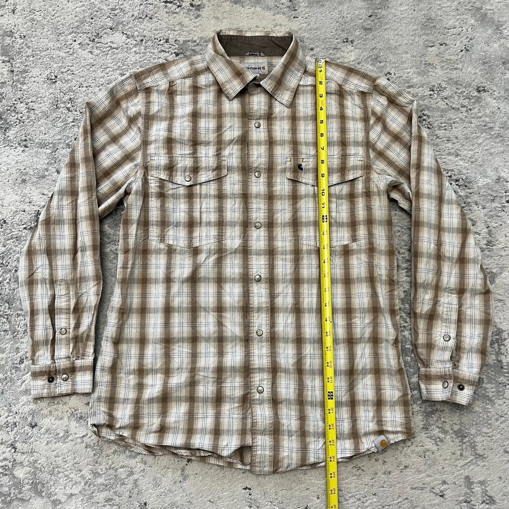 Carhartt Mens Brown White Pearl Snap Plaid Shirt Medium Relaxed Fit Western